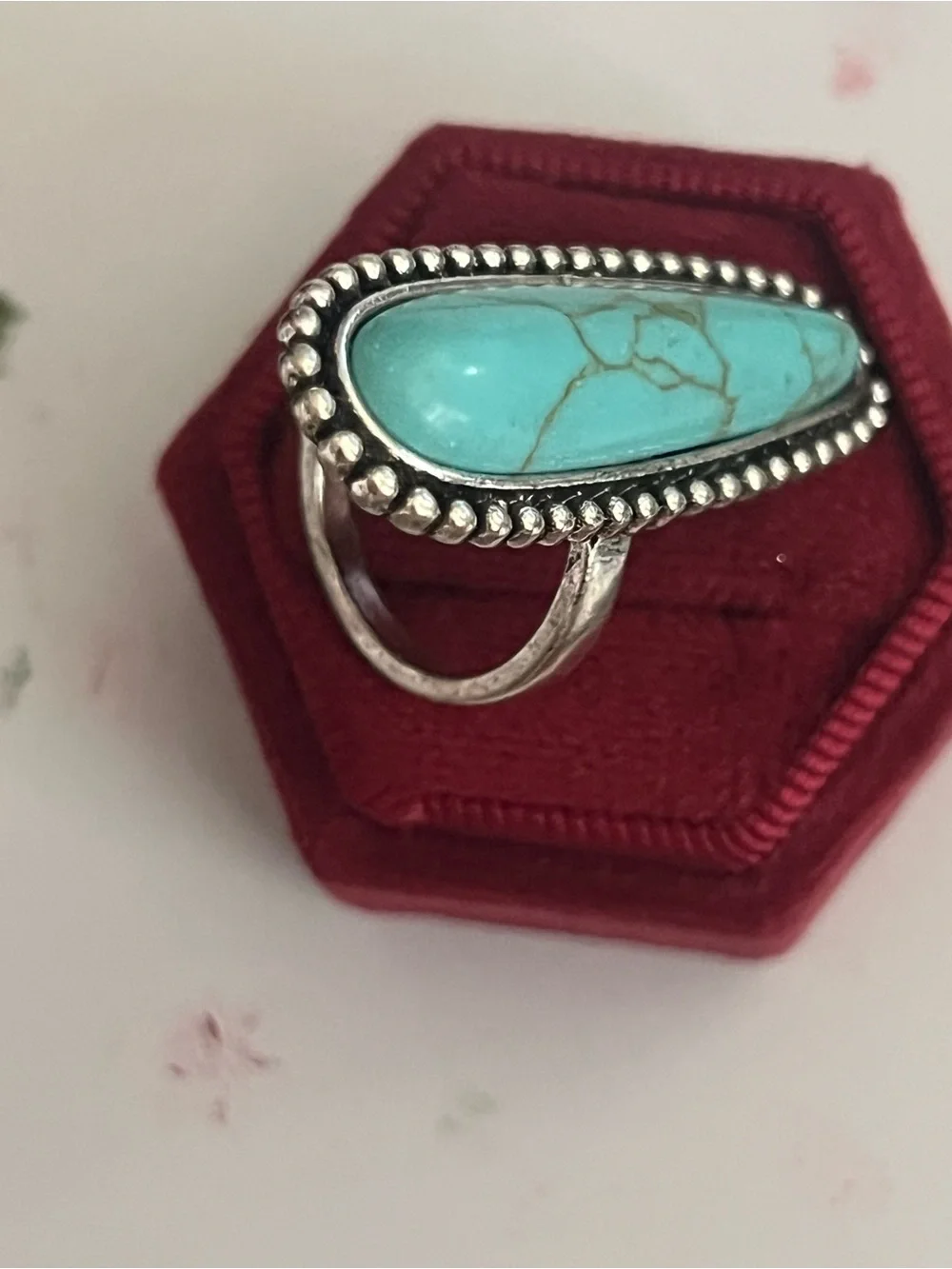 Turquoise Stone Silver-Accent Long Oval Ring - Blue Size 7